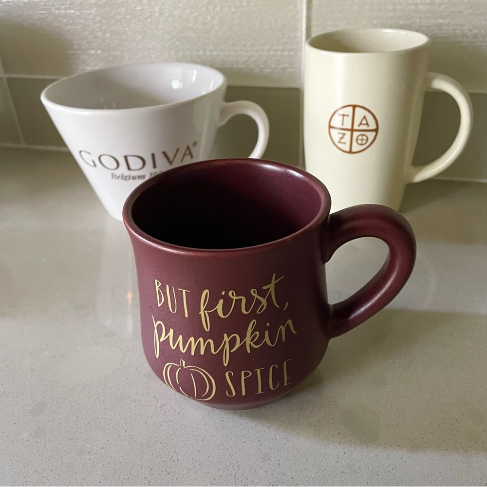 SET OF 3 mugs Starbucks, Indigo, Godiva Fall Autumn Coffee Tea Brown Neutral